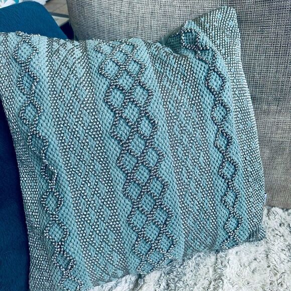 Devi Designs Boho Diamond Teal Blue Gray Fabric Throw Pillow - Picture 1 of 6